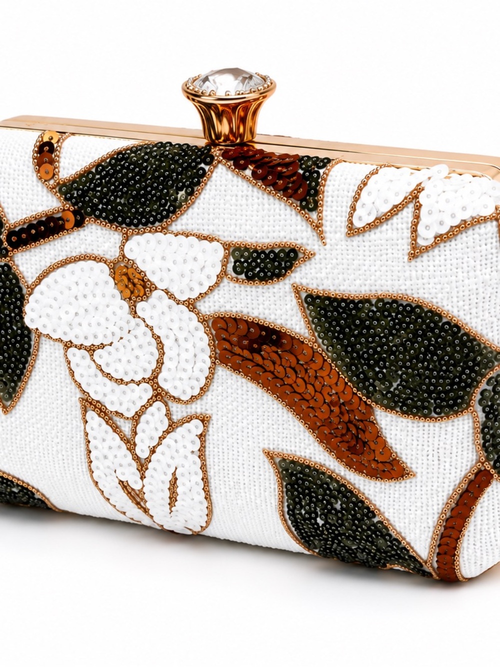 Beaded Floral Evening Clutch - White & Olive